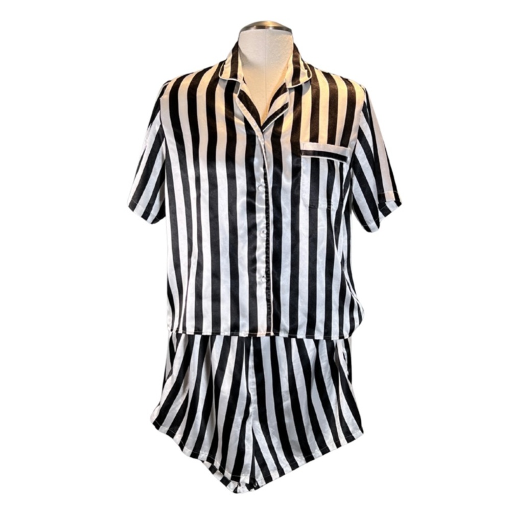 Vintage 2-Piece Black and White Striped Satin Pajama Button Top and Shorts M